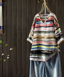Alternative view of ZANZEA Summer Vintage Striped Blouse Women V neck 3/4 Sleeve Shirt Casual Loose Party Tops Blusas Femininas Chemise Blouse Mujer