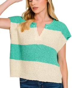Zenana Split Neck Sleeveless Stripe Sweater